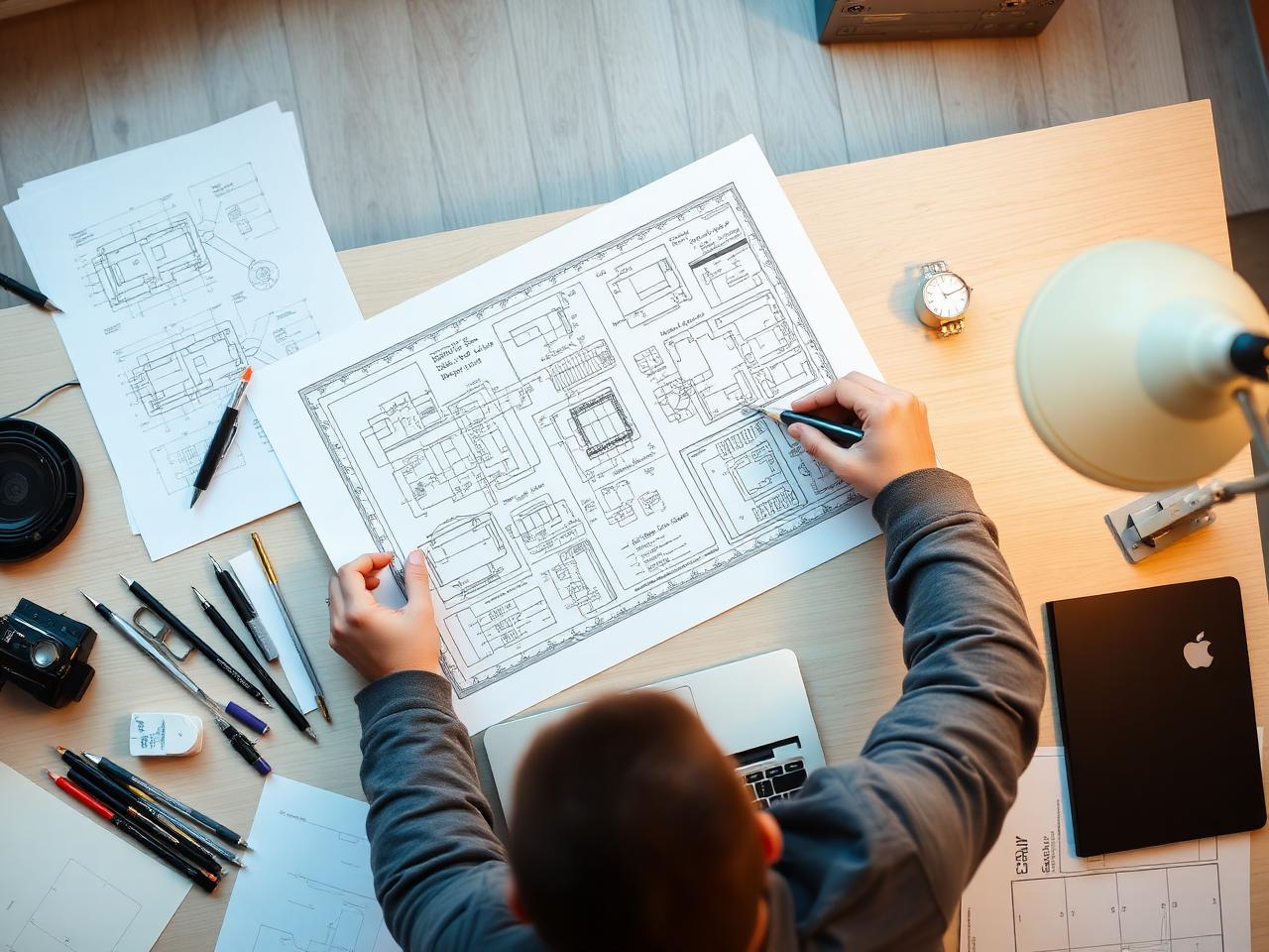 Engineer reviewing blueprints
